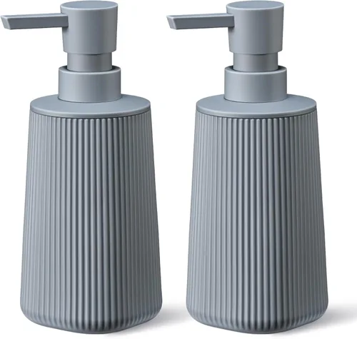 Vista 14 de Paquete de 2 dispensadores de jabón de manos beige con bomba antióxido para encimeras de baño y cocina, plástico mate a rayas recargables de 8.5