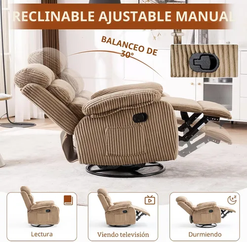 Vista 5 de Silla mecedora reclinable de 360° para adultos, silla reclinable para cuarto de bebé con bolsillo lateral, un cómodo sillón de sofá individual