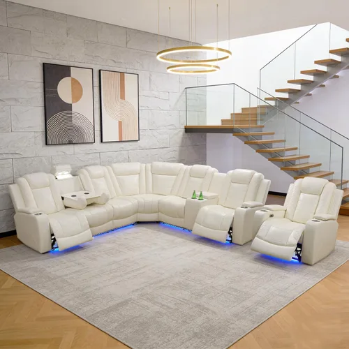 Vista 41 de Juego de sofá modular reclinable eléctrico para sala de estar, juego de sofá reclinable de cuero con luces LED / almacenamiento oculto, sofá en Beige