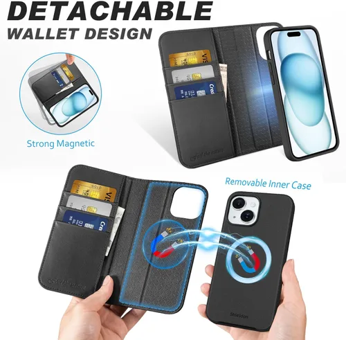 Vista 3 de SHIELDON Funda para iPhone 15 2023, funda de piel auténtica desmontable tipo cartera con función atril, bloqueo RFID, ranuras para tarjetas