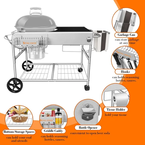 Vista 4 de Mesa de parrilla para Weber 18" y 22" Original Kettle, carrito de parrilla Kettle, mesa de preparación al aire libre para Weber Original Kettle