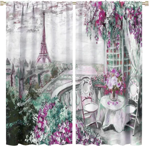 Vista 12 de Cortinas de la Torre Eiffel de París, pintura al óleo, flores moradas, torres de ciudad, con bolsillo para barra, cortinas de ventana para Torre