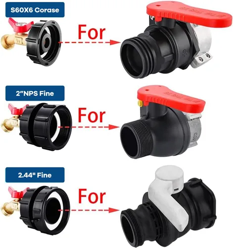 Vista 2 de Adaptador de tanque IBC de 275-330 galones, rosca de núcleo de 2 pulgadas con válvula de espiga de latón sin plomo