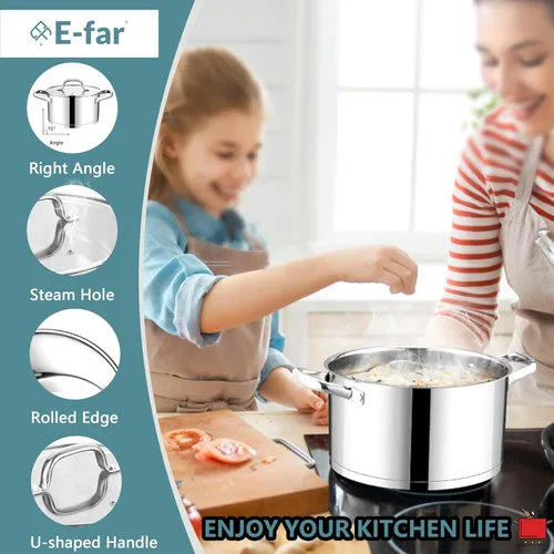 Vista 4 de E-far Olla de 4 Cuartos con Tapa, Olla de Acero Inoxidable para Cocinar Sopa, Pasta, Salsa a Fuego Lento, con Fondo de Tres Capas y Tapa Visible