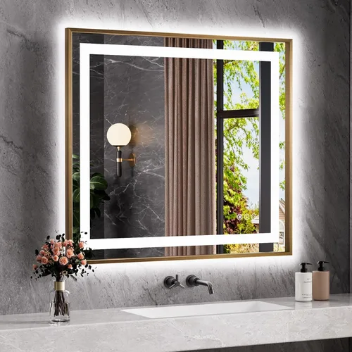 Vista 51 de Amorho Espejo de baño LED de 20 x 28 pulgadas con marco negro, luz frontal y retroiluminación, regulable continuamente, antivaho, a prueba