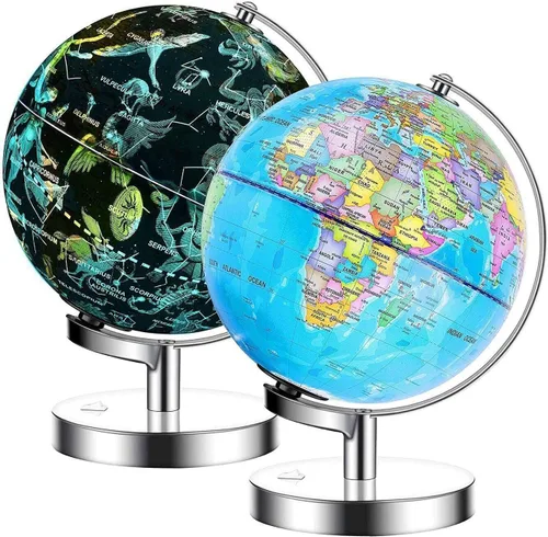 Exerz Globo del mundo iluminado con base de metal de 9.1 pulgadas de diámetro, mapa político (día) globo de constelación (noche) - Lámpara LED 2 en