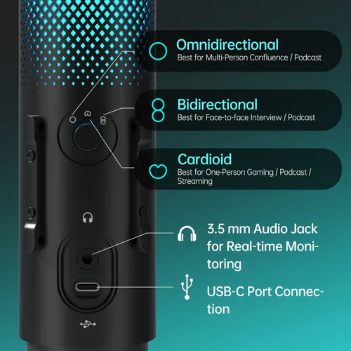 Vista 5 de JARO Micrófono condensador USB con patrón multipolar con cancelación de ruido silenciosa RGB para podcasting, juegos, transmisión, YouTube, Zoom