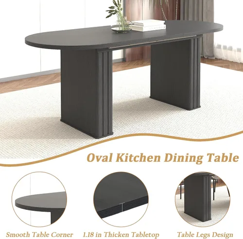 Vista 3 de Pvillez Extendable Dining Table Set of 8, Black Oval Dining Room Table & 8 Black Velvet Dining Chairs with Wood Leg, 62.99"-78.74" Kitchen Table and