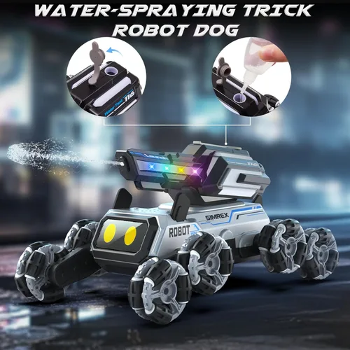 Vista 6 de SIMREX Robot Perro RC Coche de Acrobacias Juguetes - Control remoto con detección de gestos con ruedas Mecanum, ojos LED, 3 efectos de sonido