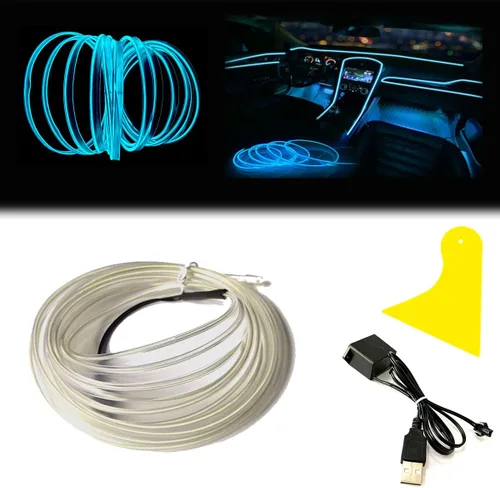 Vista 9 de Tira de luces LED de cable electroluminiscente azul para interior de automóvil, 6.5 pies de cable de neón con controlador USB de 5 voltios