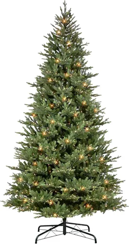 Vista 8 de Puleo International Árbol de Navidad artificial de abeto bálsamo preiluminado de 7.5 pies con 800 luces LED blancas cálidas, verde