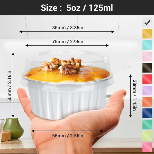 Vista 13 de EUSOAR Vasos para cupcakes con tapas, paquete de 50 forros para magdalenas de 5 onzas de colores surtidos, moldes desechables de papel de aluminio