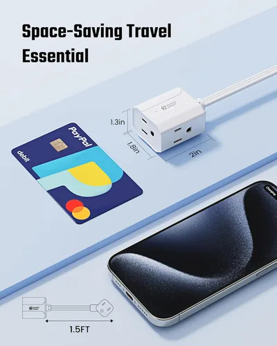 Vista 5 de Cable de extensión corto de 1.5 pies SUPERDANNY, regleta de enchufe plano en ángulo recto, cable de extensión de 13 A para interiores con 3 tomas