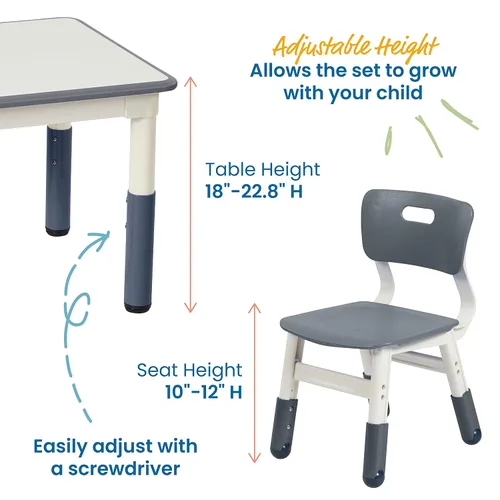 Vista 31 de ECR4Kids Mesa de actividades cuadrada de borrado en seco con 2 sillas, ajustable, muebles para niños, azul