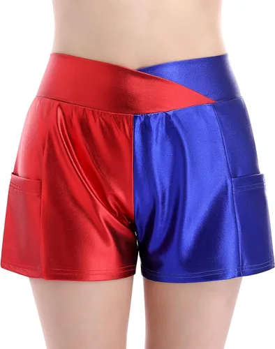 ODASDO Pantalones cortos metálicos para mujer, cintura alta, pantalones con bolsillos, disfraz de Halloween, baile, fiesta, club