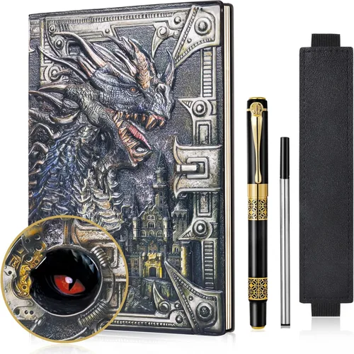 DND Cuaderno de Dragón Diario de Cuero en Relieve 3D A5 Diario de Viaje Vintage con Bolígrafo y Funda para Bolígrafo, D&D Diario Diario Hecho a Mano
