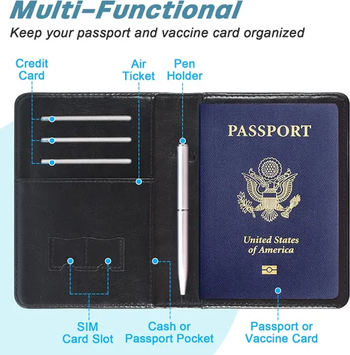 Vista 4 de DMLuna Soporte para pasaporte, de piel sintética de alta calidad, con bloqueo RFID, funda para pasaporte, organizador de documentos de viaje