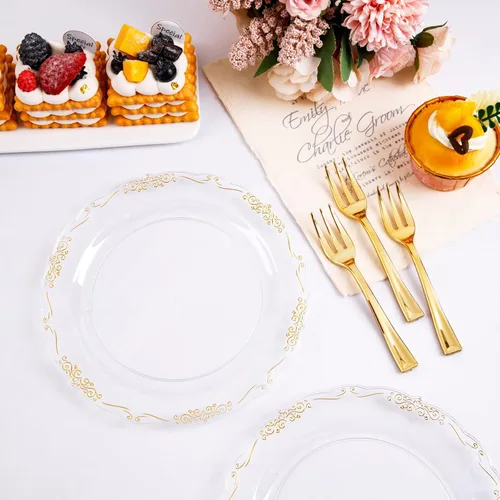 Vista 4 de LIYH 200 Piezas Platos de Postre de Plástico Transparente Dorado 7.5" y Tenedores para Pastel 5" - Platos de Plástico Pequeños Transparentes
