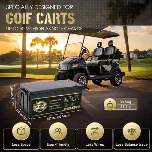 Vista 2 de 36V 105Ah LiFePO4 - Batería para carrito de golf, BMS inteligente de 200A integrado, aplicación móvil, batería de litio recargable de más de 5000