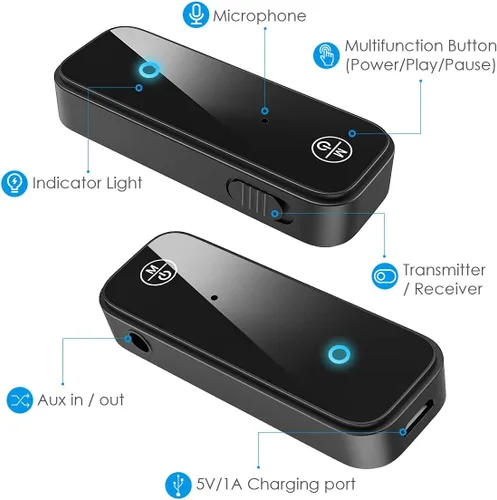 Vista 4 de JXTZ Adaptador auxiliar Bluetooth 5.3 para automóvil, transmisor Bluetooth inalámbrico 2 en 1 y receptor para auriculares, altavoz de audio