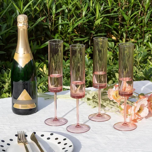Vista 6 de Copas de champán acrílicas de 5.4 onzas reutilizables para brindis de boda, copas de champán cuadradas, copas de vino para novia, fiestas, Rosa
