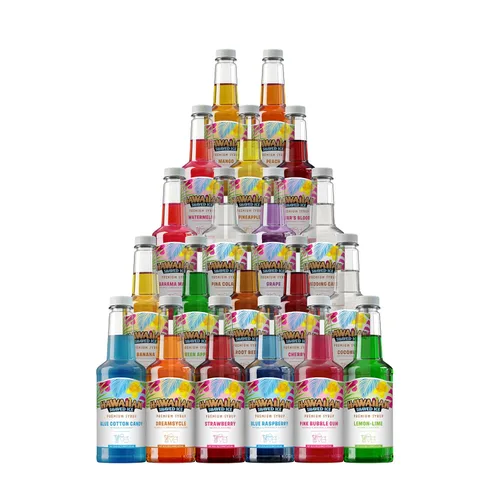 Hawaiian Shaved Ice Surtido de jarabe, 20 botellas de 16 onzas de los sabores más populares, incluyendo cereza, uva, frambuesa azul, lima-limón, y