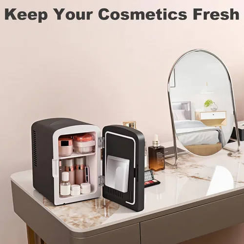 Vista 7 de Iceblue Mini nevera, refrigerador para el cuidado de la piel con espejo de luz LED regulable, 4 litros/6 latas, refrigerador pequeño para belleza