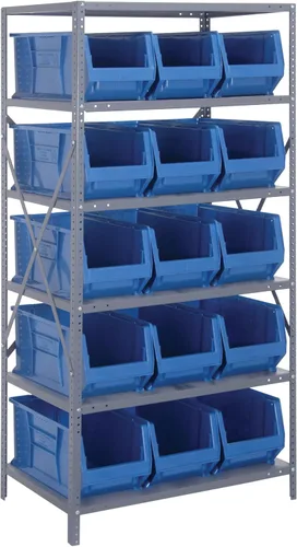 Vista 442 de Quantum QSBU-245BK Heavy Duty Shelving Unit with (7) Shelves and (24) QUS245 Black Bins for Garage Warehouse Storage Distribution 400 lb Load