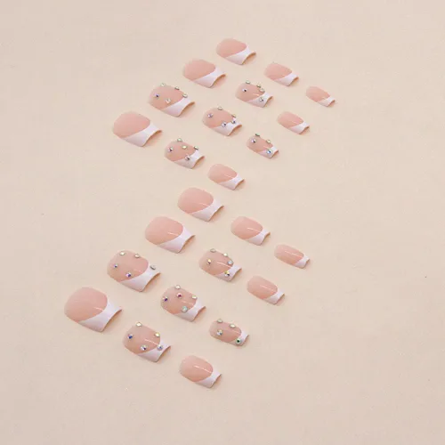 Vista 3 de 24 uñas postizas cortas, cuadradas, punta francesa blanca, pegamento, uñas postizas acrílicas con diseño de diamantes de imitación, uñas adhesivas