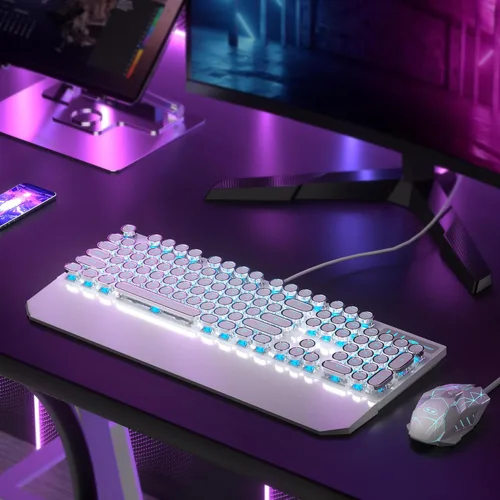 Vista 7 de Combo de teclado y mouse retro de máquina de escribir, bonito teclado blanco con interruptores lineales rojos, teclado mecánico con cable