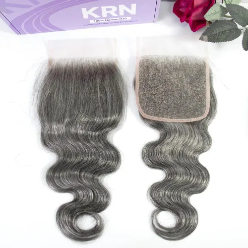 Vista 3 de KRN Cierre de cabello humano gris, 5 x 5, cierre de encaje transparente, ondulado, 100% sin procesar, sal y pimienta 12A, grado 12A, cabello humano