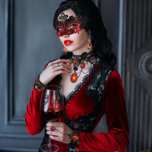 Vista 6 de Libima Juego de 5 piezas de accesorios góticos de vampiro de Halloween, máscara de mascarada, collar y pulsera de encaje gótico