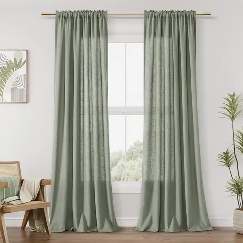 Vista 106 de Guken Cortinas de lino verde aguamarina de 84 pulgadas de largo, juego de 2 paneles semitransparentes con bolsillo para barra para comedor