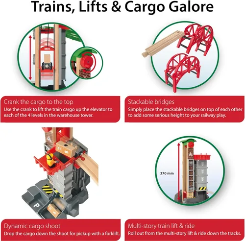 Vista 6 de BRIO World Lift & Load Warehouse Set - Juego de tren de madera de 32 piezas, funciona con todos los juegos de ferrocarriles de madera, incluye