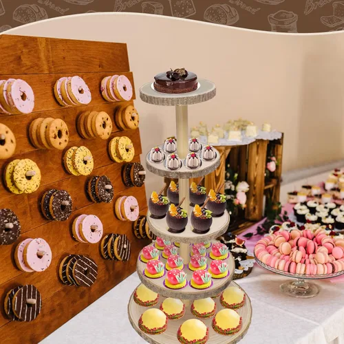 Vista 3 de Ayfjovs Soporte de madera para cupcakes de 5 niveles, soporte de madera rústica para tartas, soporte de exhibición de postres, rebanadas de madera