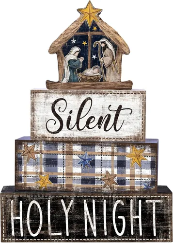 Vista 20 de DIYDEC 4 piezas de decoración de mesa de Navidad, árbol de Navidad, letrero de bloque de madera, decoración de bandeja escalonada de Navidad, pieza