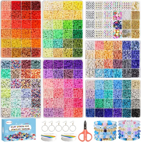 Redtwo Juego de 23000 cuentas de arcilla para hacer pulseras, 144 colores, 7 cajas de cuentas Heishi de polímero plano para hacer joyas de amistad