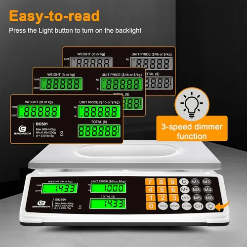 Vista 3 de Báscula de cálculo de precios 88 lb/40 kg Báscula comercial de alimentos para pesaje de productos de carne, pantalla LCD y retroiluminación verde