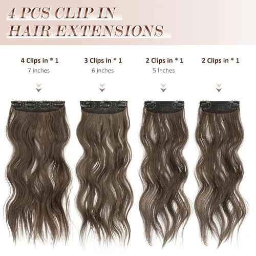 Vista 2 de FESHFEN Extensiones de cabello con clip, 4 piezas de cabello grueso con reflejos, extensiones de cabello sintético largo ondulado con clip