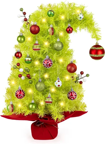 MACTING Mini árbol de Navidad con 40 luces, árbol de plástico curvado de 2 pies con bola roja, árbol de mesa de Navidad, 8 modos de iluminación para
