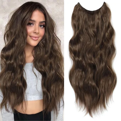 Vista 27 de Extensiones de cabello tipo aureola de 20 pulgadas, alambre invisible, ajustable, cabello largo ondulado, mejora sintética, 4 clips de seguridad