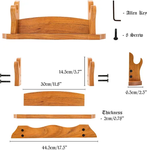 Vista 5 de Mythrojan Soporte de espada medieval de madera maciza horizontal para katana, samurái, gladiador, espadas cruzadas, soporte de mesa elegante, 1 nivel