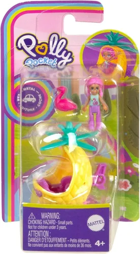 Vista 2 de Polly Pocket Conjunto coleccionable de micro vehículo de metal, muñeca posable y mascota, muñeca amiga de Polly con helicóptero de piña y juego