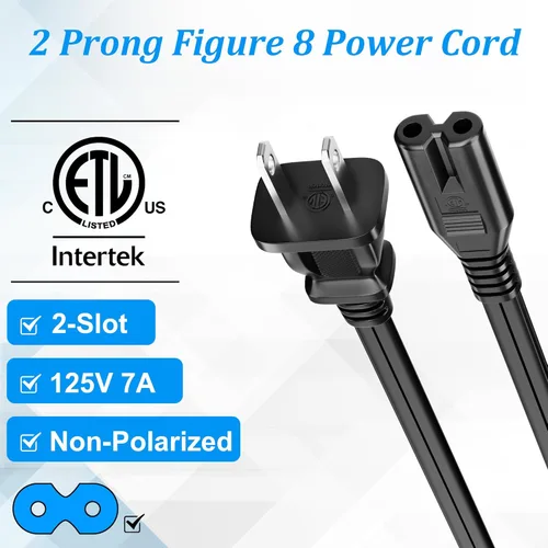 Vista 2 de Cable de alimentación de 2 clavijas de 2 pies (paquete de 2), cable de alimentación de CA no polarizado, 7A, 125V, ETL, compatible con PS5/PS4