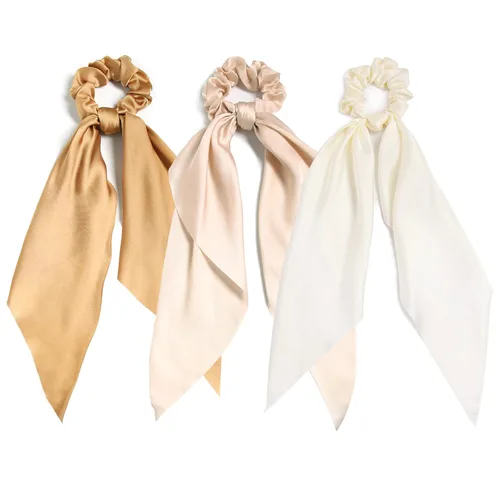Vista 26 de Coleteros para el cabello para mujer, bufanda LFOUVRE Scrunchies, 2 piezas de bufandas anudadas para niñas, bufanda de satén sedoso, banda elástica