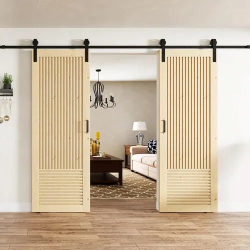 Vista 13 de BARNER HOME Puerta de granero de madera de pino de 30 x 84 pulgadas, puerta corredera decorativa de 1 lite, con kit de herramientas incluido