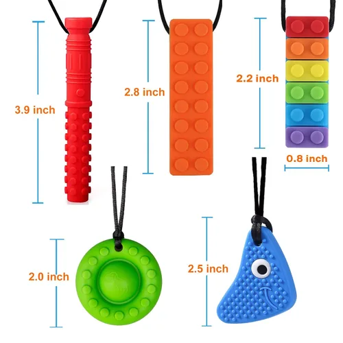 Vista 6 de Collares masticables para niños sensoriales, paquete de 5 juguetes sensoriales de silicona para masticar, collar masticable multiestilo, ayuda