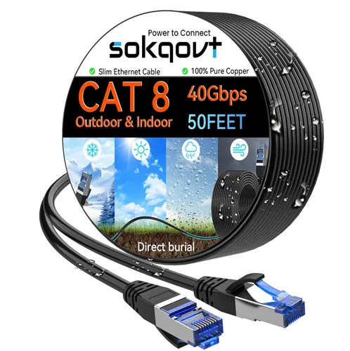 Vista 19 de Sokqovt Cable Ethernet Cat 8 delgado de 15 pies para exteriores e interiores, cable de Internet Cat8 de cobre puro para entierro directo e
