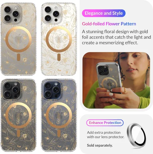 Vista 9 de LONLI Hue - para iPhone 15 Pro [Compatible con Magsafe] - Funda de teléfono floral dorada - [Amortiguador de 360° absorbente de impactos] - Funda