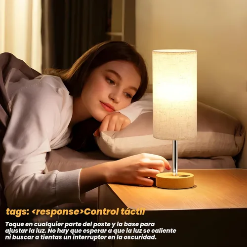 Vista 2 de Dicoool Lámpara táctil de mesita de noche con USB, lámpara de madera regulable de 3 vías para mesita de noche de dormitorio, lámpara de escritorio